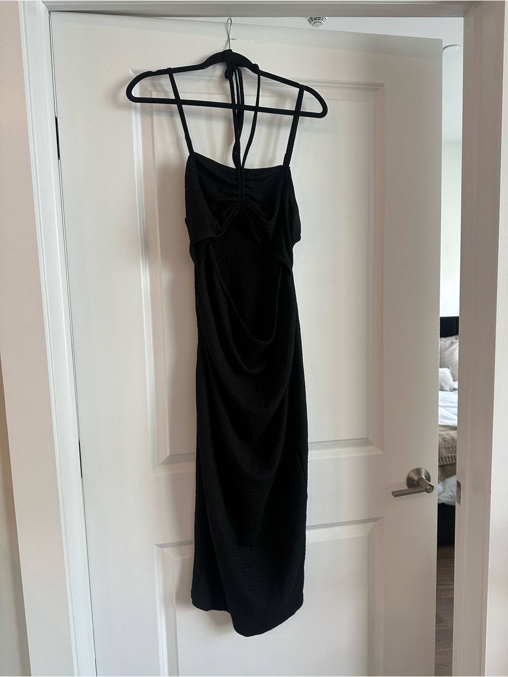 Women's Black Midi Dress with Halter Tie
